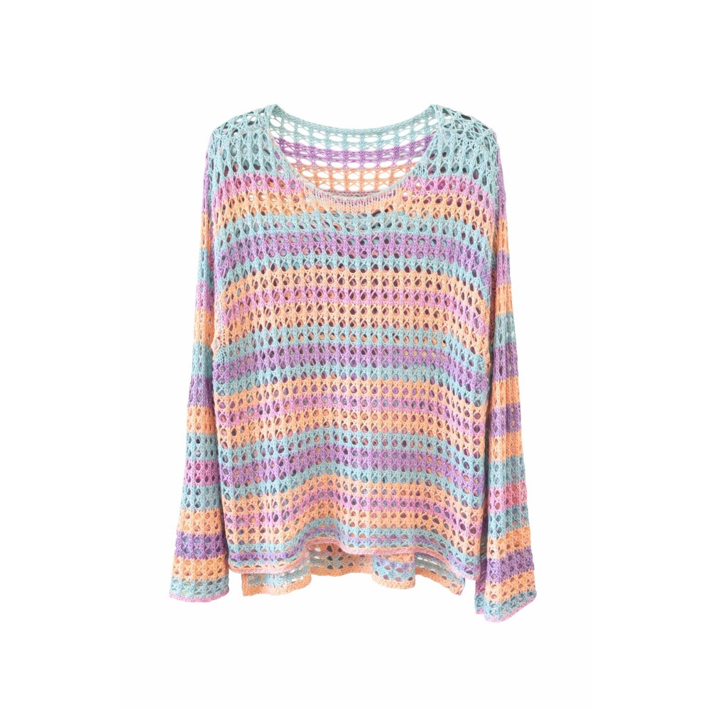 Pastel Crochet Knit Sweater Open Knit Striped Boho Lightweight Pullover L